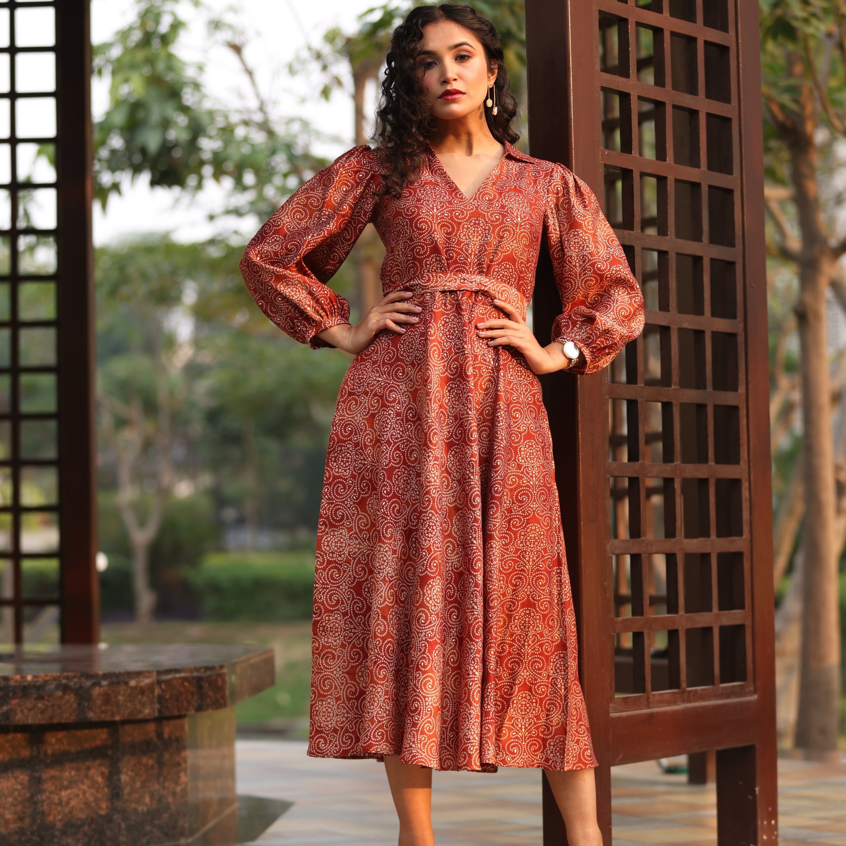 Red Gold Dots Chanderi Long Dress